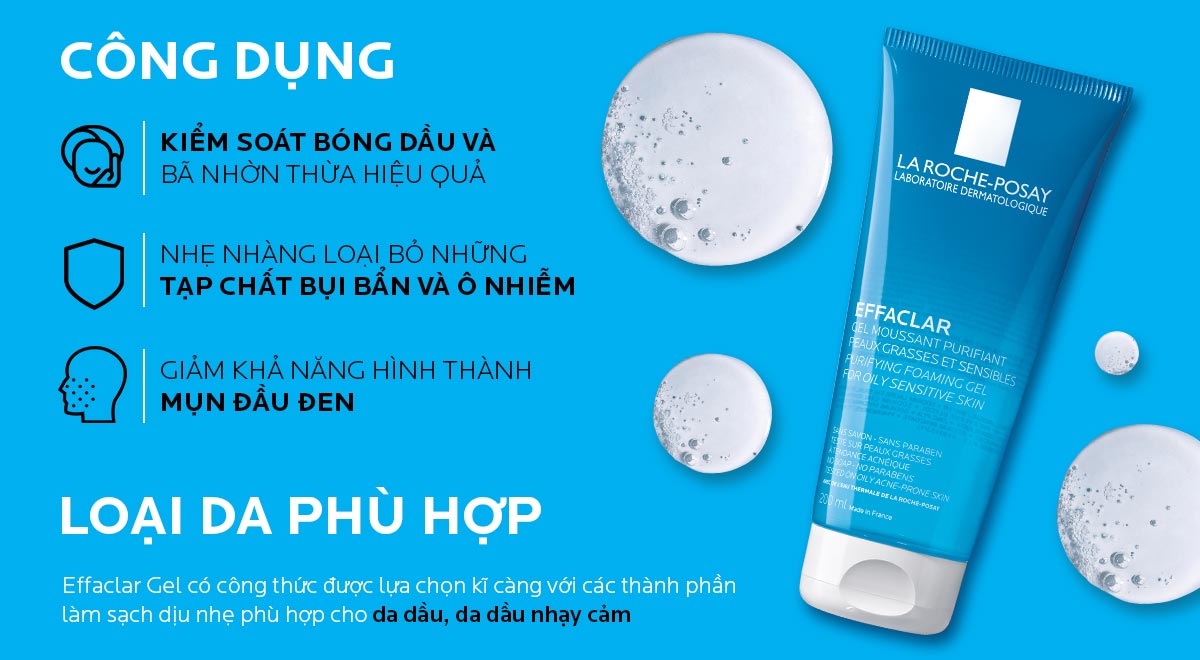 La Roche-Posay Effaclar Purifying Foaming Gel For Oily Sensitive Skin có công thức được lựa chọn kĩ càng với các thành phần hoạt tính dịu nhẹ, phù hợp cho làn da dầu, mụn & nhạy cảm.
