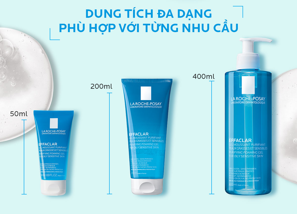 Gel Rửa Mặt La Roche-Posay Effaclar Purifying Foaming Gel For Oily Sensitive Skin có 3 dung tích Gel Rửa Mặt La Roche-Posay Effaclar Purifying Foaming Gel For Oily Sensitive Skin có 3 dung tích đa dạng phù hợp với từng nhu cầu riêng biệt.