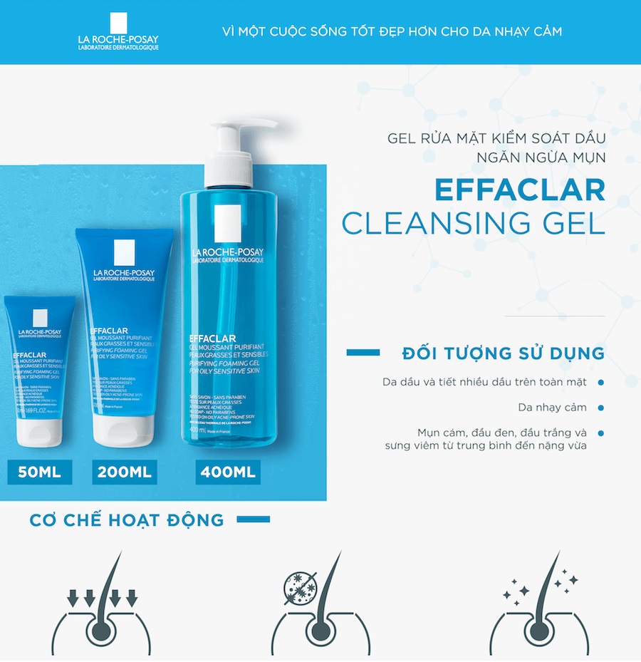 Gel Rửa Mặt La Roche-Posay Effaclar Purifying Foaming Gel For Oily Sensitive Skin dành cho da dầu, mụn, nhạy cảm Gel Rửa Mặt La Roche-Posay Effaclar Purifying Foaming Gel For Oily Sensitive Skin không gây kích ứng đối với làn da nhạy cảm